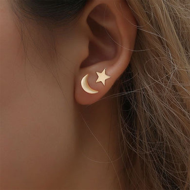 57. Simple star & moon asymmetrical stud earrings