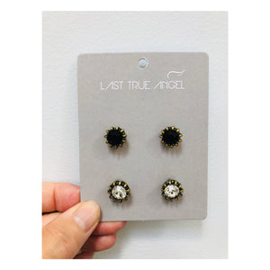 Large studs in black & crystal earrings • Twin pack